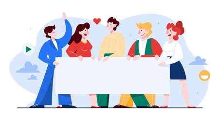 People hold banner. Group of character with blankのイラスト素材