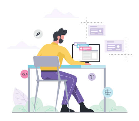 Web design and programming concept. Man sitting at the deskのイラスト素材