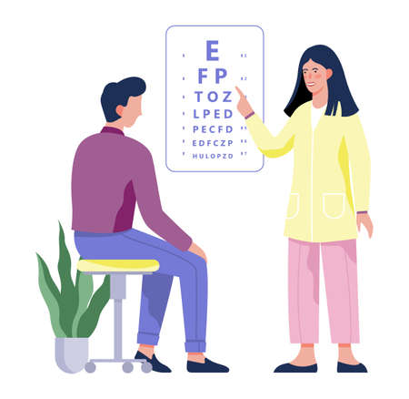 Vector illustration of ophthalmoogist checking sight of male character.のイラスト素材