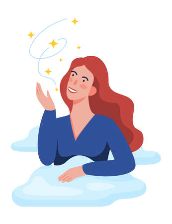 Vector illustration of young woman daydreaming. Female character thinkのイラスト素材