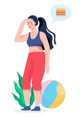 Woman after working out think about unhealthy junk food. Calorie controlのイラスト素材