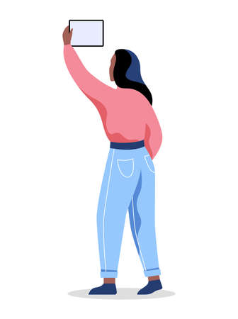 Woman with a tablet. Female character holding tablet andのイラスト素材
