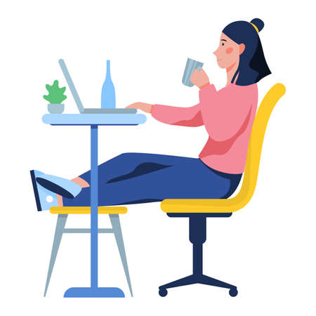 Woman with laptop computer. Character sitting at the deskのイラスト素材