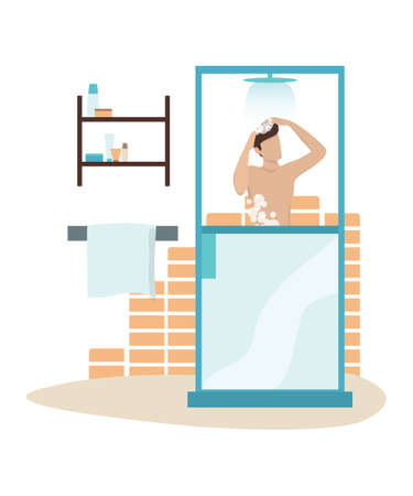 Vector illustration of a man taking a shower in the morningのイラスト素材