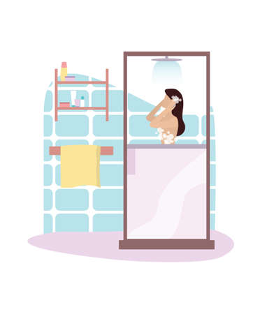 Woman taking morning shower in bathroom. Beautiful female characterのイラスト素材
