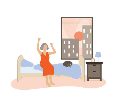 Old lady in underwear in the bed after a sleep. Old woman relaxingのイラスト素材