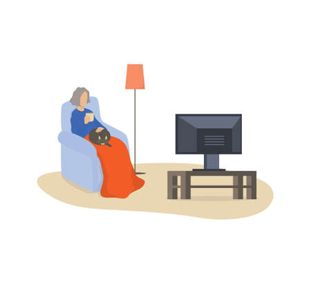 Happy old woman sitting in the armchair and watch TVのイラスト素材