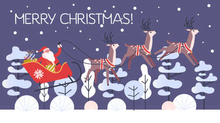 Santa Claus in sleigh and running deer. Christmas character with giftのイラスト素材