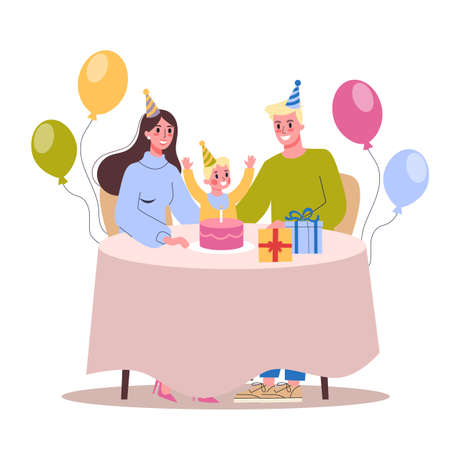 Vector illustration of child birthday party. Happy family celebrate a birthday.のイラスト素材