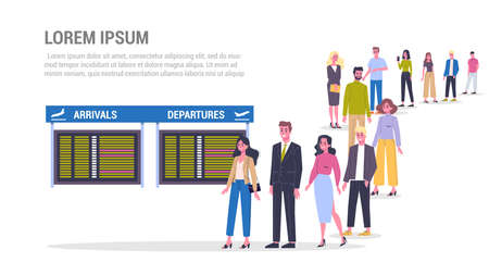 Vector illustration of big queue of people standing towards an airport.のイラスト素材
