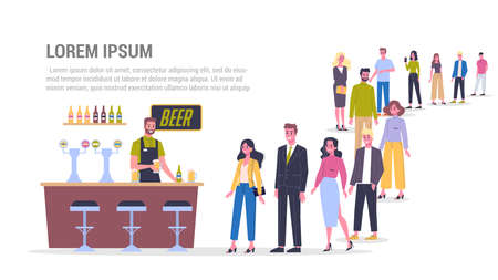 Vector illustration of big queue of people standing towards a bar to buyのイラスト素材