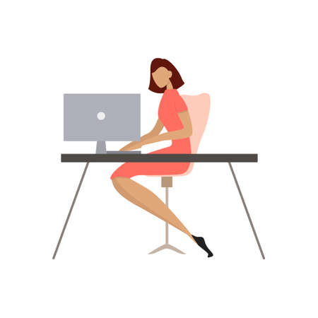 Woman sitting at the desk and working on the computer.のイラスト素材