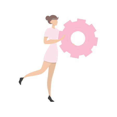 Happy woman in dress holding a cog. Teamwork concept.のイラスト素材
