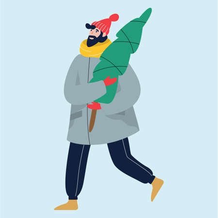 Isolated vector illustration of people wearing warm winter clothes. Happy winter activities, Christmas celebration. Warmly dressed man with Christmas treeのイラスト素材