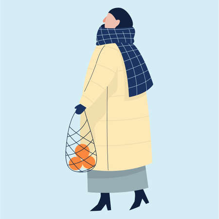 Isolated vector illustration of people wearing warm winter clothes. Woman wearing a coat with shopper. Happy winter activities, Christmas celebration. Warmly dressed person.のイラスト素材