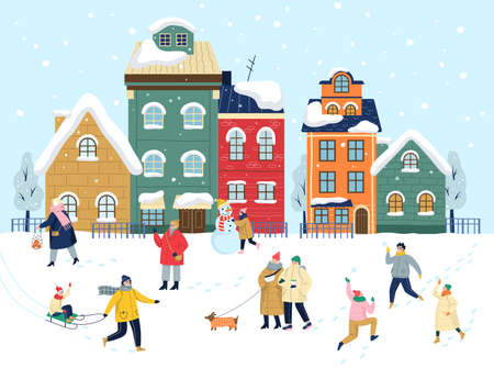 Christmas winter town vector illustration. Festive character and holiday decoration. People spend time outdoor in winter. Cold season, skate on ice rink and making a snowman.のイラスト素材