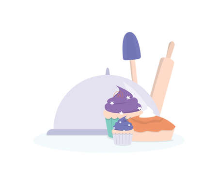 Vector illustration of sweet bakery collection. Multicolored cupcake and pie, sweet bakery product. Rolling pin and shovel.のイラスト素材