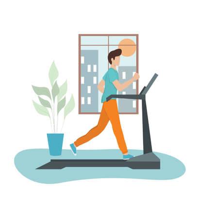 Young athletic man training on a treadmill. Active lifestyle and fitness. Speed runner or jogger on the machine. Vector isometric illustrationのイラスト素材