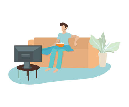 Man sitting alone at home on couch. Guy relax indoors and watch TV. Isolated vector illustration in cartoon styleのイラスト素材