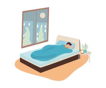 Man sleep. Person rest in the bed on the pillow late at night. Peaceful dream and relax. Vector illustration in cartoon styleのイラスト素材