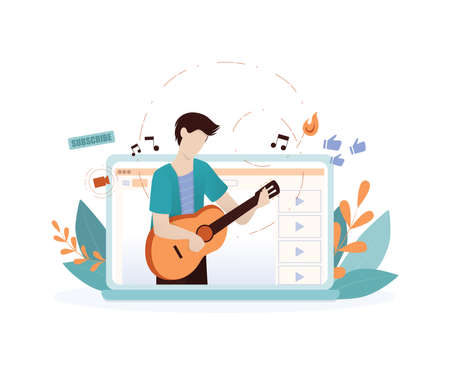 Cover blog concept. Guitarist making instrumental covers. Making music and share it in the internet. Vector illustration in cartoon styleのイラスト素材