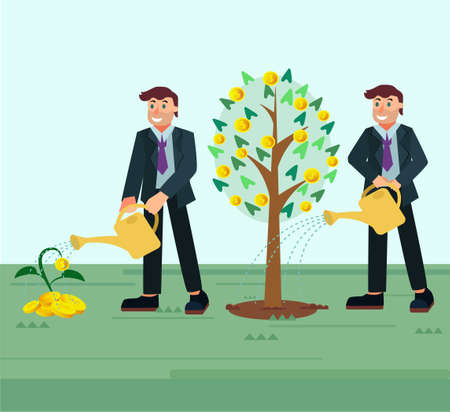 Increase revenue concept. Idea of capital growth and finance investment. Business profit. People grow money plant. Isolated flat vector illustrationのイラスト素材