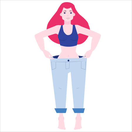 Young woman wearing her old pants. Beautiful female character after losing weight. Slim woman body after diet and fitness. Weight loss concept. Vector illustration in cartoon styleのイラスト素材