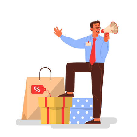 Businessman announce a big discount. Low price, discount and special offer. Promotion campaign. Isolated flat vector illustrationのイラスト素材