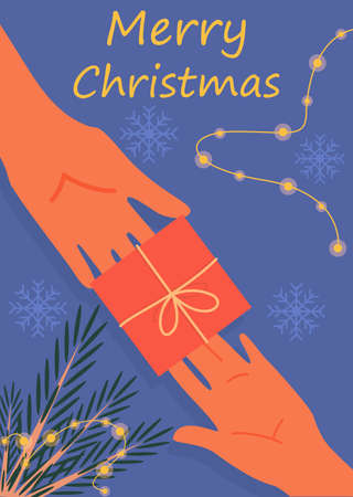Vector illustration of vintage poster for christmas and new year. Holiday season card in retro style. Festive banner with christmas tree and people exchange gift. Merry Christmas letteringのイラスト素材