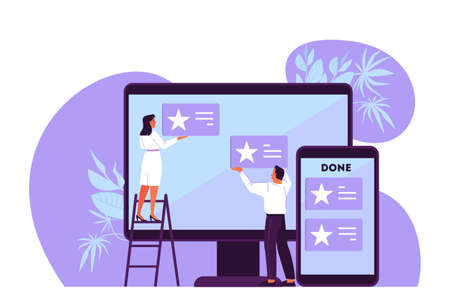 Vector illustration of people plan their schedule, priority task and checking an agenda. Woman and man working on big screen. An idea of Kanban board, time managementのイラスト素材