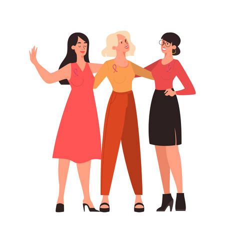 Happy female characters support each other about breast cancer care. Mammalogy disease informing. Idea of medical examination, diagnostic of oncology. Isolated flat vector illustration.のイラスト素材