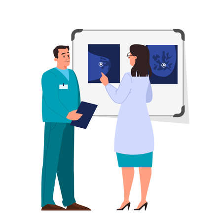 Vector illustration of female doctor and intern examine breast screen with mammary cancer. Idea of medical examination, diagnostic of oncology. Isolated flat vector illustration.のイラスト素材