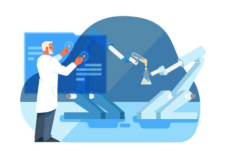 Vector illustration of innovative healthcare and medical research. Concept of modern medicine treatment, expertize, diagnostic. Virtual and robotic environment in hospital.のイラスト素材