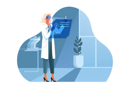 Vector illustration of innovative healthcare and medical research. Concept of modern medicine treatment, expertize, diagnostic. Virtual and robotic environment in hospital.のイラスト素材
