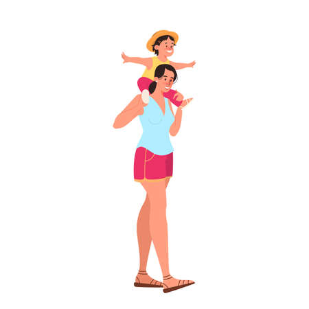 Beautiful mother holding her little baby on her shoulders and smiling. Young woman and cute happy child. Love and care in family. Isolated vector illustration in cartoon styleのイラスト素材