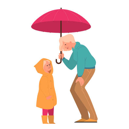 Vector illustration of happy mother and cute daughter standing under umbrella. Happy family walking on rainy day in autumn coat, fall weather.のイラスト素材