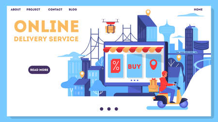 Online delivery concept. Order in the internet for fast delivery service. Add to cart, pay by card and wait for courier on moped. Vector illustration in cartoon styleのイラスト素材