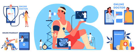 Online consultation with doctor. Online pharmacy concept. Remote medical treatment on the smartphone or computer. Mobile service. Isolated vector flat illustrationのイラスト素材