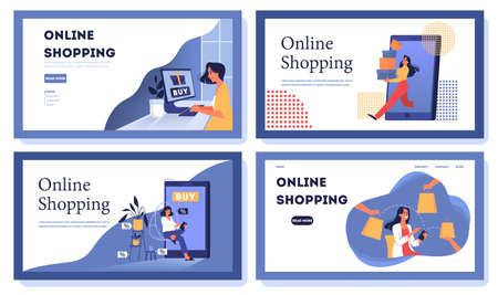 Set of online shopping web banner. Customer service and delivery, tracking and purchase. E-commerce web banner. Online shopping and mobile marketing. Isolated flat vector illustrationのイラスト素材