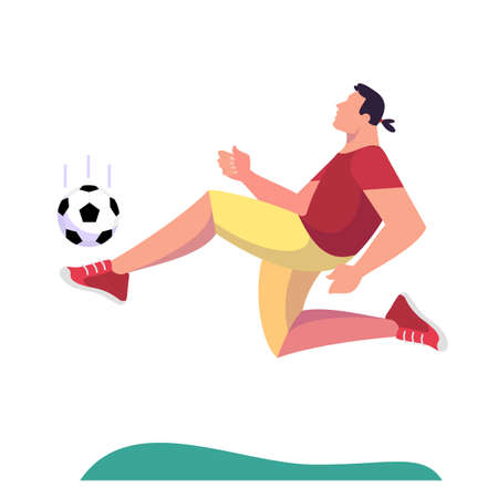 Football player kicking ball. Man playing football in the park. Male character play active game with ball. Summertime activity, healthy lifestyle concept. Isolated vector illustration in cartoon styleのイラスト素材