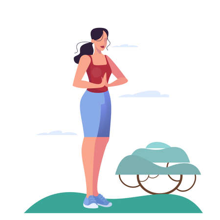 Young woman meditating in park. Calm woman standing in yoga position. Peaceful female character practice meditation outdoor. Healthy lifestyle concept. Isolated vector illustration in cartoon styleのイラスト素材