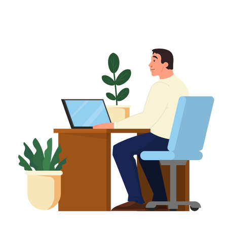 People with laptop computer. Character working on notebook. Man sitting at the desk. Isolated flat vector illustrationのイラスト素材