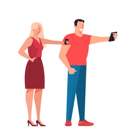 Man and woman with mobile phone. Female and male character holding smartphone.のイラスト素材