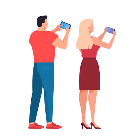 Man and woman with mobile phone. Female and male character holding smartphone. Chating characters. Isolated flat vector illustrationのイラスト素材