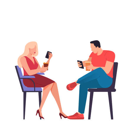 Man and woman with mobile phone. Female and male character holding smartphone. Chatting characters. Isolated flat vector illustrationのイラスト素材