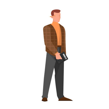 Vector illustration of a accountant office manager. Man in suit holding a calculator, professional bookkeeper. modern profession. Concept of the calculating and analysis. Vector illustrationのイラスト素材