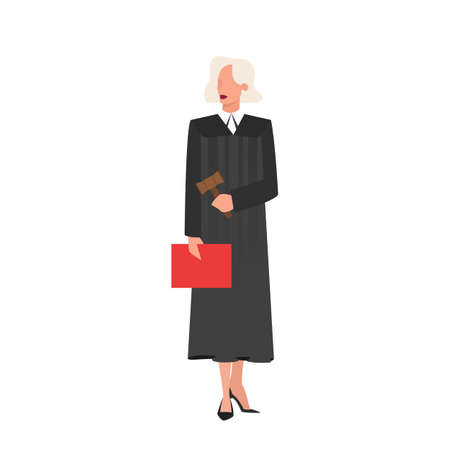 Woman judge wearing traditional black robe holding a folder with the case and gavel in hand. Female judge, modern profession. Concept of the law and justice. Vector illustrationのイラスト素材