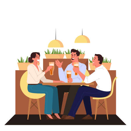 Happy friend spend time together and chat. Idea of friendship and active lifestyle. Couple of man and woman sitting together in the pub, drinking beer. Isolated vector illustration in cartoon styleのイラスト素材