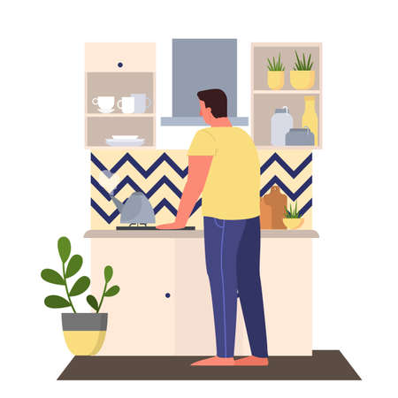 Vector illustration of a man making tea. Male character standing in the kitchen and waiting for kettle to boil. Domestic interior, everyday routine concept.のイラスト素材