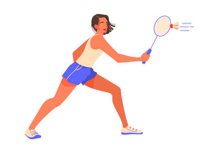 Young female athlete play badminton. Vector illustration of woman holding a racket, badminton player training. Healthy lifestyle concept. Isolated vector illustration in cartoon styleのイラスト素材